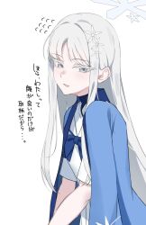 Rule 34 | 1girl, blue archive, blue bow, blue bowtie, bow, bowtie, breasts, grey eyes, grey hair, halo, japanese text, nagusa (blue archive), ran (gcrm8377), school uniform, serafuku, simple background, small breasts, solo, white background