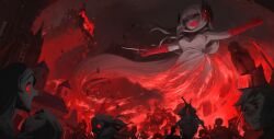 6+boys 6+girls :d absurdres banner battle blood blood_from_mouth bloody_tears borrowed_character colored_skin commentary conductor_baton death destruction english_commentary evil_smile goddess_of_war_(porforever) halo highres holding holding_sword holding_weapon long_hair multicolored_skin multiple_boys multiple_girls open_mouth original red_pupils red_skin red_theme smile statue sword the_kite two-tone_skin very_long_hair war weapon white_hair