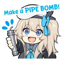 Rule 34 | 1girl, :d, alpha transparency, beret, black jacket, blonde hair, blue eyes, blue necktie, blush, bomb, bow, commentary, english commentary, english text, explosive, girls&#039; frontline, girls&#039; frontline 2: exilium, hair bow, hat, holding, holding bomb, jacket, kion-kun, looking at viewer, lowres, necktie, one side up, open clothes, open jacket, open mouth, smile, solo, sticker, transparent background, vepley (girls&#039; frontline 2), vest, white hat, yellow vest