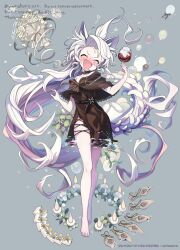 Rule 34 | 1girl, :d, ^ ^, absurdres, alcohol, animal ears, barefoot, blush, bouquet, brave sword x blaze soul, breasts, brown dress, character request, closed eyes, commentary request, copyright name, cup, dress, drinking glass, flower, full body, grey background, grey hair, highres, holding, holding cup, long hair, medium breasts, morino hon, open mouth, short sleeves, simple background, smile, solo, standing, very long hair, watermark, wine, wine glass