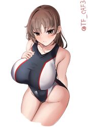 1girl black_one-piece_swimsuit blush breasts brown_eyes brown_hair chiyoda_(kancolle) competition_swimsuit covered_navel highres kantai_collection large_breasts looking_at_viewer multicolored_swimsuit one-piece_swimsuit short_hair sitting smile solo swimsuit tf_cafe twitter_username white_background