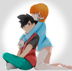 Rule 34 | 1boy, 1girl, bare legs, barefoot, black hair, blue eyes, blush, bottomless, closed mouth, feet, highres, hug, hugged from behind, jacket, kneeling, lebe schwer, legs, long sleeves, looking at viewer, misty (pokemon), nintendo, orange hair, pants, pokemon, pokemon (anime), pokemon gsc, pokemon hgss, red (pokemon), red eyes, shirt, shoes, short hair, short sleeves, sitting, sleeveless, sleeveless jacket, smile