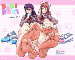 2girls artist_logo artist_name barefoot blush bow breasts brown_hair collared_shirt commission copyright_name doki_doki_literature_club embarrassed feet foot_focus foreshortening full_body green_eyes green_nails hair_between_eyes hair_bow knees_up legs_together lewdsaiga logo long_hair long_sleeves looking_at_viewer medium_breasts monika_(doki_doki_literature_club) multiple_girls nail_polish neck_ribbon patreon_logo patterned_background pink_background pixiv_logo purple_eyes purple_hair ribbon school_uniform shirt shoes sidelocks sitting smile soles toe_scrunch toenail_polish toenails toes unworn_shoes white_bow yuri_(doki_doki_literature_club)
