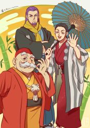 Rule 34 | 3boys, alternate costume, aqua eyes, arm behind back, bamboo, black hair, black haori, commentary request, crossed arms, dragon quest, dragon quest xi, egasumi, facial hair, fez hat, geta, greig (dq11), grey eyes, hair slicked back, haori, holding, holding umbrella, janis (hainegom), japanese clothes, long hair, looking at viewer, male focus, medium hair, montsuki, multiple boys, mustache, oil-paper umbrella, old, old man, one eye closed, purple facial hair, purple hair, row (dq11), scarf, striped clothes, sylvia (dq11), tabi, umbrella, waving, white facial hair, yellow scarf
