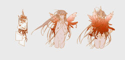 1girl asymmetrical_wings breasts chinese_commentary clipboard completely_nude cropped_legs expressionless feathers floating_hair flower grey_background grey_hair highres holding holding_feather insect_wings limited_palette long_hair looking_at_viewer mismatched_wings multiple_wings no_genitals no_nipples nude organs parted_lips pen plant_wings red_eyes sayonara_wo_oshiete scribble simple_background single_feather small_breasts sugamo_mutsuki tentacles wings yanquan_shui_bu_xing