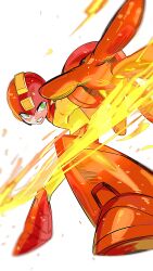1boy absurdres bodysuit brown_helmet fire helmet highres mega_man_(character) mega_man_(classic) mega_man_(series) official_alternate_color simple_background solo white_background yasaikakiage yellow_bodysuit
