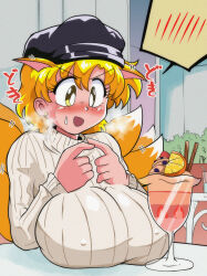 1990s_(style) 1girl absurdres alternate_costume animal_ear_fluff animal_ears beret blush breasts cleavage drink embarrassed fox_ears fox_girl fox_tail hat highres kitsune kyuubi large_breasts long_hair looking_down miwijag1997 multiple_tails retro_artstyle solo steam sweat sweater table tail touhou water yakumo_ran yellow_eyes
