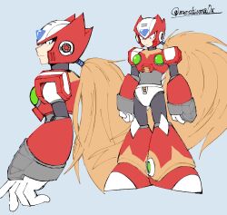 Rule 34 | 1boy, android, armor, blue eyes, chest jewel, forehead jewel, full body, grey background, helmet, highres, mega man (series), mega man x (series), meshiuma0x, multiple views, red armor, red helmet, simple background, twitter username, upper body, zero (mega man)