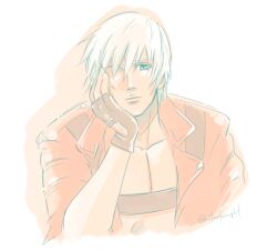 1boy allie_(united_f) artist_name black_gloves blue_eyes coat dante_(devil_may_cry) devil_may_cry devil_may_cry_(series) devil_may_cry_3 fingerless_gloves gloves looking_at_viewer male_focus no_shirt red_coat simple_background white_background white_hair