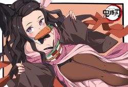1girl absurdres animal_ears bare_shoulders black_bow black_bowtie black_hair black_hairband black_leotard blush bow bowtie brown_hair brown_pantyhose carrot checkered_sash collar collarbone commentary_request detached_collar fake_animal_ears feet_out_of_frame fingernails food_in_mouth from_above hair_ribbon hairband hands_up highres japanese_clothes kamado_nezuko kimetsu_no_yaiba kimono leotard leotard_under_clothes long_fingernails long_hair long_sleeves looking_at_viewer looking_up mouth_hold multicolored_hair nail_polish obi off_shoulder open_clothes pantyhose pink_kimono pink_nails pink_ribbon playboy_bunny purple_eyes ribbon sando_(dukedevil) sash sitting sleeves_past_wrists solo strapless strapless_leotard thighs two-tone_hair very_long_hair white_collar wide_sleeves wing_collar