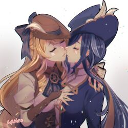 Rule 34 | 2girls, aoiabyss, blonde hair, blue hair, breasts, cleavage, clorinde (game master) (genshin impact), clorinde (genshin impact), closed eyes, drill hair, drill sidelocks, genshin impact, highres, imminent kiss, long hair, multiple girls, navia (genshin impact), navia (marechaussee hunter) (genshin impact), sidelocks, very long hair, yuri