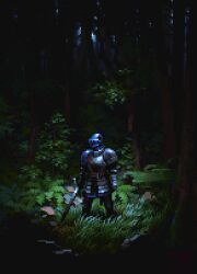 1other armor arms_at_sides artist_logo breastplate bush dark forest full_armor gauntlets grass helm helmet highres holding holding_sword holding_weapon legs_apart logo medieval moonlight nature night original outdoors pauldrons pixel_art scenery shoulder_armor shoulder_belt solo standing sword tassets tree valerii_kim weapon wide_shot