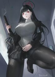 Rule 34 | 1girl, absurdres, artist name, black hair, black pantyhose, black skirt, blue archive, breasts, grey sweater, gun, halo, handgun, high heels, highres, holding, holding gun, holding weapon, large breasts, long hair, magazine (weapon), office lady, pantyhose, red eyes, red halo, rio (blue archive), skirt, smoke, smoking barrel, solo, sweater, turtleneck, turtleneck sweater, weapon, yukiale