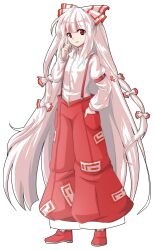 1girl alphes_(style) bow collared_shirt commentary_request dairi fujiwara_no_mokou full_body hair_bow hand_in_pocket hand_on_own_face long_hair long_sleeves looking_at_viewer multiple_hair_bows ofuda ofuda_on_clothes pants parody red_bow red_eyes red_pants red_suspenders red_trim shirt smile solo style_parody suspenders touhou transparent_background two-tone_bow very_long_hair white_bow white_hair white_shirt