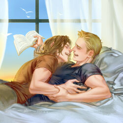 2boys animification bed blonde_hair book brown_hair brown_shirt bucky_barnes closed_eyes couple curtains dated dated_commentary hand_on_another&#039;s_arm hand_on_another&#039;s_chest holding holding_book male_focus marvel marvel_cinematic_universe medium_hair multiple_boys open_mouth pillow prosthesis prosthetic_arm shirt short_hair simple_bird smile steve_rogers t-shirt window yaoi yoku_(liuyc)