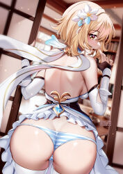 1girl ass backless_dress backless_outfit bare_back blonde_hair breasts clothes_lift commentary cowboy_shot detached_sleeves dress dress_lift dutch_angle flower from_behind genshin_impact hair_flower hair_ornament hands_up highres huge_ass indoors long_sleeves looking_at_viewer looking_back lumine_(genshin_impact) medium_breasts open_mouth panties short_hair sliding_doors solo squchan standing striped_clothes striped_panties thighhighs underwear white_dress white_flower white_thighhighs yellow_eyes