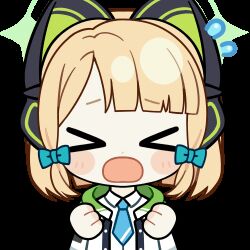 &gt;_&lt; 1girl animal_ear_headphones animal_ears animated animated_gif aqua_necktie blonde_hair blue_archive blunt_bangs blunt_ends blush_stickers bow cat_ear_headphones cat_ears chibi chibi_only chunye_haruya closed_eyes collared_shirt commission disembodied_hand dot_nose facing_viewer fake_animal_ears flying_sweatdrops green_bow green_halo green_jacket hair_bow halo headphones hood hooded_jacket jacket long_sleeves low-tied_sidelocks lowres medium_hair midori_(blue_archive) missing_commentary multicolored_jacket necktie open_clothes open_jacket open_mouth parted_bangs school_uniform second-party_source shirt sidelocks simple_background solo sweatdrop transparent_background upper_body white_jacket white_shirt