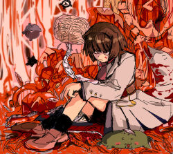 ascot belt black_socks blood blunt_bangs brain brown_eyes brown_footwear brown_hair buttons captain_howdie ciconia_no_naku_koro_ni clock coattails feathers frog gears guro keropoyo loafers long_sleeves military_uniform mitake_miyao red_tie shoes shorts sidelocks socks spine thousand_yard_stare