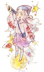 1girl bag beanie blonde_hair blue_bag blunt_bangs bow cloud collarbone cross-laced_headwear eyelashes fire full_body grey_hat hat holding holding_telescope huangpi_sang image_sample kneehighs long_hair long_sleeves looking_ahead looking_through_scope miniskirt moon no_shoes open_mouth original pink_sweater pleated_skirt purple_skirt red_bow rocket shoulder_bag skirt sleeve_bow smile socks solo star_(symbol) sweater teeth telescope third-party_source upper_teeth_only watermark weibo_watermark weibo_watermark white_background white_socks wide_sleeves yellow_eyes