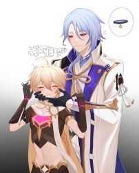 2boys aether_(genshin_impact) black_gloves blonde_hair blue_eyes blue_hair blush braid breasts closed_eyes closed_mouth collar crop_top earrings face_hold genshin_impact gloves hair_between_eyes hair_ornament highres holding japanese_clothes jewelry kamisato_ayato long_hair long_sleeves male_focus mole mole_under_mouth multiple_boys oxygen_(0220) ribbon short_hair simple_background single_braid tassel upper_body white_background yaoi