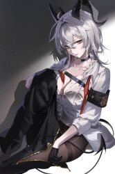 1girl absurdres armband black_armband black_bra black_choker black_horns black_pants black_pantyhose black_tail bra bra_visible_through_clothes breasts chest_harness chii_(chiiriring) choker clothes_pull collarbone collared_shirt curled_horns demon_tail grey_hair hair_between_eyes harness highres horns large_breasts long_hair looking_at_viewer multicolored_hair necktie pants pants_pull pantyhose parted_lips red_eyes red_necktie shirt solo streaked_hair tail thighband_pantyhose underwear undone_necktie white_shirt wuthering_waves zani_(wuthering_waves)