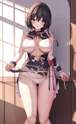 1girl bikini black_dress black_hair blush breasts china_dress chinese_clothes clothes_lift commentary_request dress dress_lift gem gluteal_fold hair_ornament hairclip highres liya looking_at_viewer medium_breasts open_mouth original purple_eyes short_hair side-tie_bikini_bottom solo standing swimsuit swimsuit_under_clothes white_background white_bikini wrist_cuffs