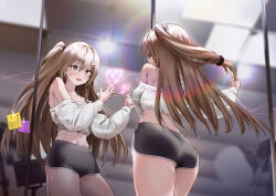 Rule 34 | absurdres, armpit crease, ass, bare shoulders, black shorts, brown hair, ceiling light, commentary, dolphin shorts, english commentary, finger heart, girls&#039; frontline, girls&#039; frontline 2: exilium, grey eyes, hands up, heart, highres, k2 (girls&#039; frontline), long hair, long sleeves, looking at mirror, midriff, mirror, navel, note, off-shoulder shirt, off shoulder, one side up, open mouth, pink nails, reflection, shirt, shorts, smile, sosiick, sticky, yellow pupils, yoohee (girls&#039; frontline 2)
