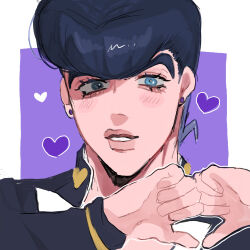 Rule 34 | 1boy, black hair, black jacket, blue eyes, blush, diamond wa kudakenai, drawn heart, earrings, gakuran, heart, heart hands, heart ornament, higashikata josuke, highres, jacket, jewelry, jojo no kimyou na bouken, looking at viewer, male focus, matubaru chan, open clothes, open jacket, outline, parted lips, partially shaded face, pompadour, portrait, purple background, purple theme, school uniform, smile, solo, stud earrings, white outline