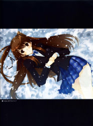 10s 1girl absurdres blazer blush brown_eyes brown_hair female_focus hair_ribbon highres jacket long_hair lying nakamura_takeshi non-web_source ogiso_setsuna own_hands_clasped own_hands_together ribbon school_uniform snow solo white_album_(series) white_album_2