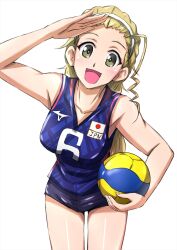 1girl :d ball blonde_hair blue_shirt blue_shorts brown_eyes commentary cowboy_shot girls_und_panzer hair_pulled_back hairband highres holding holding_ball japanese_flag leaning_forward long_hair looking_at_viewer micro_shorts omachi_(slabco) open_mouth ponytail salute sasaki_akebi shirt shorts simple_background smile solo sportswear standing v-neck volleyball volleyball_(object) volleyball_uniform white_background white_hairband