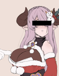 1girl blue_eyes braid breasts demon_horns draph granblue_fantasy hair_over_one_eye highres horns large_breasts light_purple_hair long_hair low_tied_hair narmaya_(granblue_fantasy) narmaya_(holiday)_(granblue_fantasy) official_alternate_costume pointy_ears purple_hair solo_focus teriton