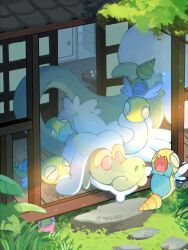 alternate_color architecture creatures_(company) drampa dunsparce east_asian_architecture game_freak gen_2_pokemon gen_7_pokemon highres nintendo no_humans open_door outdoors pokemon pokemon_(creature) shiny_and_normal shiny_pokemon signature taplaos wings yawning