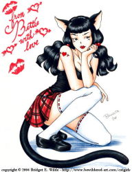 00s 1girl 2004 animal_ears arrow_through_heart bewildered black_eyes black_hair black_shirt black_shoes breasts cat_ears cat_girl cat_tail cleavage collarbone female_focus hair_bobbles hair_ornament head_rest heart heart_tattoo lipstick_mark long_hair looking_up low_twintails medium_breasts plaid_clothes plaid_skirt red_skirt shirt shoes shoulder_tattoo skirt solo tail tank_top tattoo thighhighs twintails white_background white_thighhighs