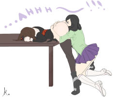 2girls ass ass_grab black_hair black_legwear brown_hair facing_away head_on_ass headband multiple_girls table white_legwear yuri