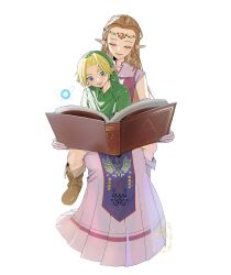 1boy 1girl ao_haruki blonde_hair blue_eyes book boots closed_eyes collared_shirt dress fairy full_body gloves hat link long_hair navi nintendo on_lap open_mouth pointy_ears princess_zelda reading red_hair shirt smile the_legend_of_zelda the_legend_of_zelda:_ocarina_of_time tiara time_paradox tunic white_background