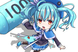 Rule 34 | 1girl, ahoge, black pantyhose, black shirt, blue boots, blue capelet, blue hair, blue hat, blue skirt, boots, capelet, emil chronicle online, frilled shirt, frilled skirt, frills, hammer, hat, monster girl, necktie, open mouth, pantyhose, purple necktie, pururu alma, red eyes, senkyoku niban, shadow, shirt, skirt, slime girl, twintails, upturned eyes, white background