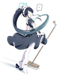 Rule 34 | 1girl, apron, aris (blue archive), aris (maid) (blue archive), armband, black armband, black hair, black shoes, black skirt, blue archive, blue hair, blue halo, blue ribbon, bow, cleaning brush, clothes lift, collared shirt, commentary, dress, frilled dress, frills, gradient hair, halo, heart, highres, kei (robot) (blue archive), long hair, maid, maid apron, maid headdress, mangpum (taro109210), mary janes, mop, multicolored hair, official alternate costume, official alternate hairstyle, open mouth, pantyhose, parted bangs, ponytail, puffy short sleeves, puffy sleeves, ribbon, ringed eyes, robot, shirt, shoes, short sleeves, simple background, single shoe, skirt, skirt hold, skirt lift, smile, solo, speech bubble, spoken heart, teeth, tiptoes, upper teeth only, very long hair, white background, white bow, white pantyhose