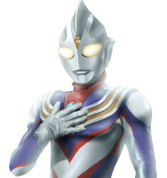 Rule 34 | 1boy, absurdres, alien, armor, breastplate, color timer, colored skin, commentary, compound eyes, crystal, dorsal fin, forehead jewel, glowing, glowing eyes, hand on own chest, hand up, highres, looking at viewer, male focus, multicolored skin, overexposure, pectorals, purple skin, red skin, silver skin, simple background, solo, standing, tokusatsu, toned, toned male, ultra series, ultraman tiga, ultraman tiga (multi type), ultraman tiga (series), upper body, white background, wrinkled skin, yellow eyes, yoshifuto