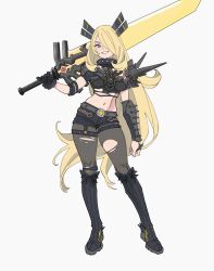 1girl absurdres armor black_gloves blonde_hair blue_eyes breasts cleavage cleavage_cutout clothing_cutout crop_top cynthia_(pokemon) full_body gloves highres holding holding_behind_back holding_sword holding_sword_behind_back holding_weapon holding_weapon_behind_back huge_weapon long_hair looking_at_viewer magik_(x-men) marvel marvel_rivals midriff navel nintendo pokemon pokemon_dppt short_shorts shorts solo somersaultdropkick sword weapon x-men