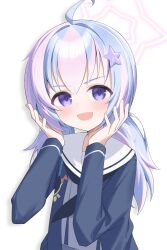 1girl absurdres ahoge black_neckerchief black_shirt blue_archive blue_hair commentary_request hair_ornament halo highres jei_(user_tckk7448) long_sleeves looking_at_viewer low_twintails multicolored_hair neckerchief open_mouth pink_hair pink_halo purple_eyes reisa_(blue_archive) sailor_collar shirt simple_background solo star_(symbol) star_hair_ornament twintails upper_body white_background white_sailor_collar