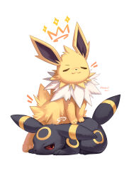 Rule 34 | ..., :3, absurdres, closed eyes, closed mouth, commentary request, gen 1 pokemon, gen 2 pokemon, highres, hoishere7, jolteon, nintendo, no humans, pokemon, pokemon (creature), pokemon focus, red eyes, simple background, smile, sparkle, spoken ellipsis, twitter username, umbreon, white background