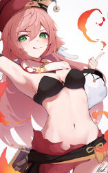 1girl :q absurdres black_bra bra breasts cleavage genshin_impact green_eyes hat highres long_hair looking_at_viewer medium_breasts navel pink_hair pisuke_(user_kcmh2774) red_hat smile solo stomach strapless strapless_bra tongue tongue_out underwear very_long_hair yanfei_(genshin_impact)