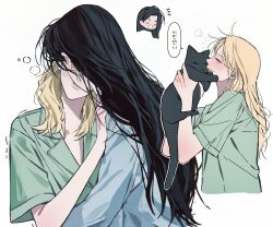2girls aespa black_cat black_hair blonde_hair blue_shirt cat flying_sweatdrops green_shirt highres k-pop karina_(aespa) korean_text lee_q_p long_hair long_sleeves multiple_girls real_life shirt short_sleeves simple_background speech_bubble translation_request white_background winter_(aespa) yuri