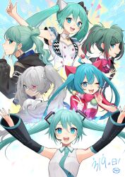 25-ji_miku 6+girls :d ;d ahoge aqua_hair aqua_nails arms_up artist_name black_sleeves blue_eyes bow bowtie breasts checkered_clothes collared_shirt commentary dated detached_sleeves earrings english_commentary fangs grey_hair hair_between_eyes hair_ribbon hatsune_miku heterochromia highres hitsujino_mery hood hood_down hoop_earrings jewelry leo/need_miku looking_at_viewer miku_day more_more_jump!_miku multicolored_hair multiple_girls one_eye_closed open_mouth pink_bow pink_bowtie project_sekai red_eyes ribbon safety_pin_hair_ornament shirt sidelocks sleeveless sleeveless_shirt smile streaked_hair twintails v vivid_bad_squad_miku w white_ribbon white_shirt wonderlands_x_showtime_miku