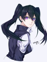 1girl black_coat black_hair black_order_uniform coat collared_coat cross cross_print d.gray-man earrings floating_hair green_hair grey_background hair_between_eyes highres jewelry kanmu lenalee_lee long_hair looking_at_viewer looking_back multicolored_hair purple_eyes purple_hair sidelocks smile solo striped_coat stud_earrings twintails white_stripes