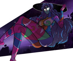 Rule 34 | 1girl, black hair, black hole, breasts, colored skin, crossed legs, cthulhu mythos, glowing, glowing eyes, hh&#039;eily, highres, large breasts, long hair, multicolored skin, sitting, solo, starry hair, sucker for love, taters, very long hair