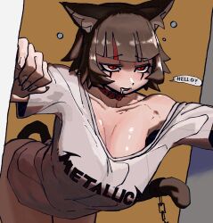 1girl animal_ear_fluff animal_ears blunt_bangs bone_nigi breasts cat_ears cat_girl cat_tail collar collarbone english_text highres large_breasts leaning_forward mya_(picote) off_shoulder original red_eyes saliva short_hair sleepy solo speech_bubble squeans tail