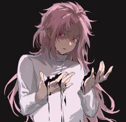 Rule 34 | 1boy, absurdres, black background, black liquid, chinese commentary, colored eyelashes, commentary request, gu fen, hands up, hatsutori hajime, highres, jacket, long hair, long sleeves, male focus, parted bangs, parted lips, pink hair, red eyes, saibou shinkyoku, shaded face, simple background, solo, sweat, upper body, white jacket