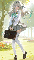 Rule 34 | 1girl, absurdres, bag, black bow, black hairband, blue eyes, blue pupils, bow, bowtie, braid, breasts, brown bag, brown shoes, commentary request, firefly (honkai: star rail), firefly (spring missive) (honkai: star rail), full body, gradient hair, green bow, green bowtie, green hair, grey hair, grey sailor collar, grey skirt, hair bow, hairband, highres, holding, holding bag, honkai: star rail, honkai (series), light blush, loafers, long hair, long sleeves, looking at viewer, maria (maria rose), medium breasts, multicolored eyes, multicolored hair, official alternate costume, open mouth, outdoors, partial commentary, purple eyes, sailor collar, school bag, school uniform, serafuku, shirt, shoes, signature, skirt, smile, solo, thighhighs, twin braids, two-tone eyes, white shirt, white thighhighs, zettai ryouiki