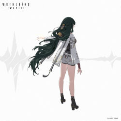 1girl arm_up baizhi_(wuthering_waves) bare_legs bare_shoulders belt_pouch black_footwear black_socks braid concept_art copyright_notice embroidery english_text from_behind green_hair hair_tie highres jacket leather leather_jacket leather_strap long_hair low-tied_long_hair patterned_background pouch shorts socks tassel white_jacket white_shorts white_string wuthering_waves